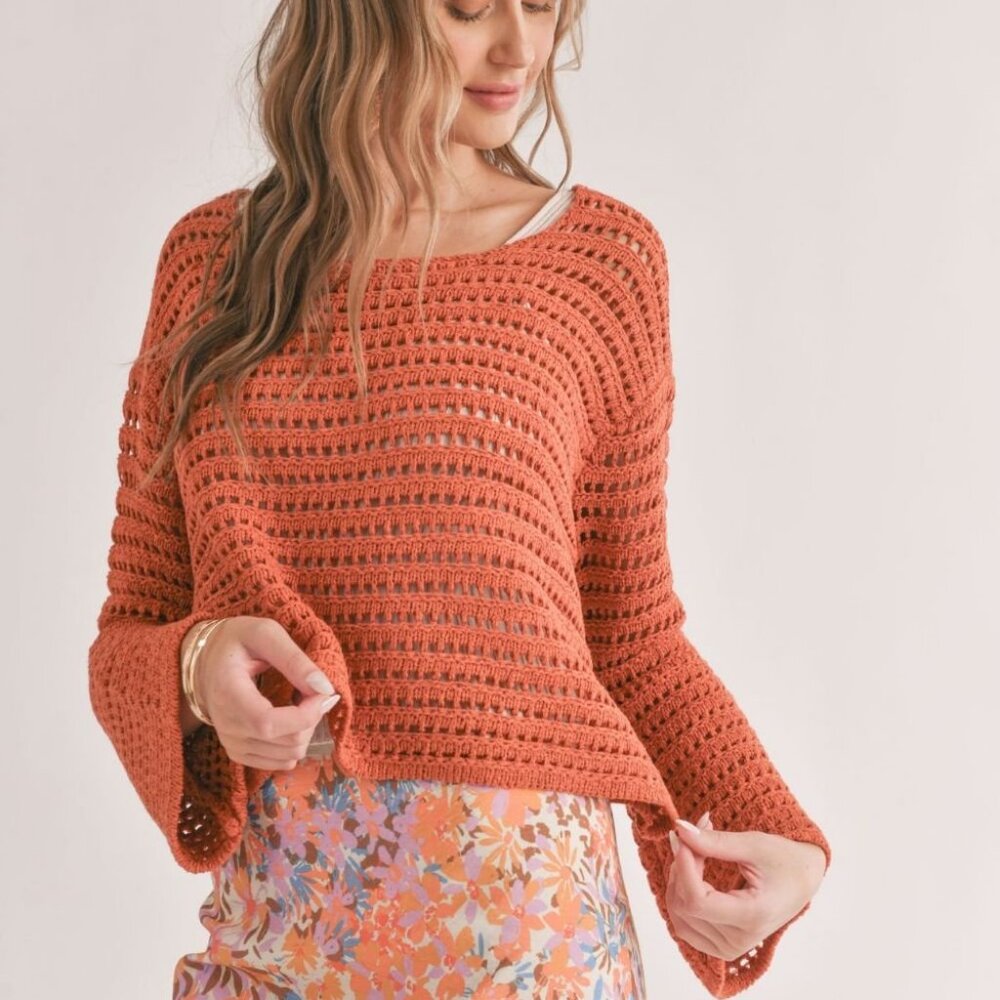 Women's Open Knit Crochet Sweater Top | Rust